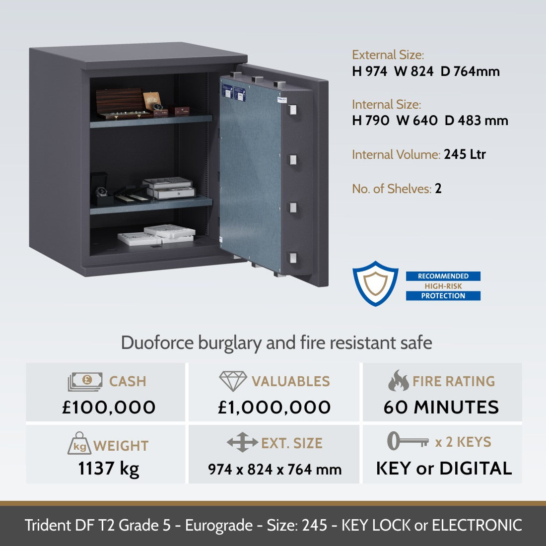 Chubbsafes, Trident DF T2 Eurograde 5 Safe – Size: 245K – KEY LOCK