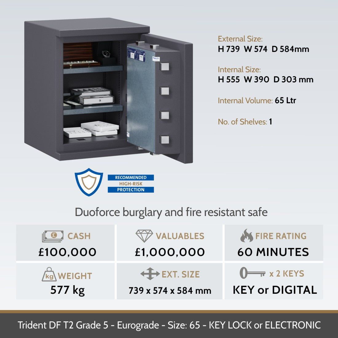 Chubbsafes, Trident DF T2 Eurograde 5 Safe – Size: 65K – KEY LOCK