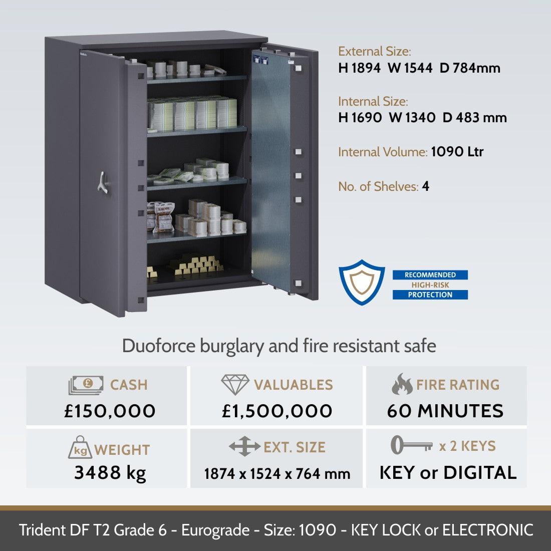 Chubbsafes, Trident DF T2 Eurograde 6 Safe – Size: 1090K – KEY LOCK