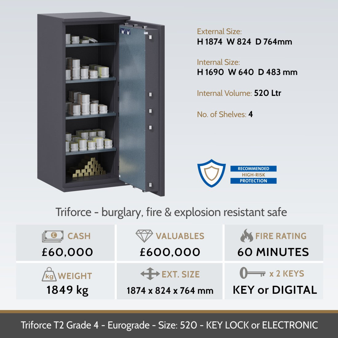 Chubbsafes, Triforce Eurograde 4 Safe – Size: 520K – KEY LOCK