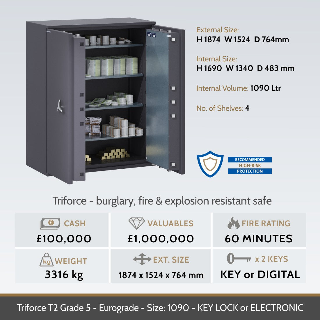 Chubbsafes, Triforce Eurograde 5 Safe – Size: 1090K – KEY LOCK