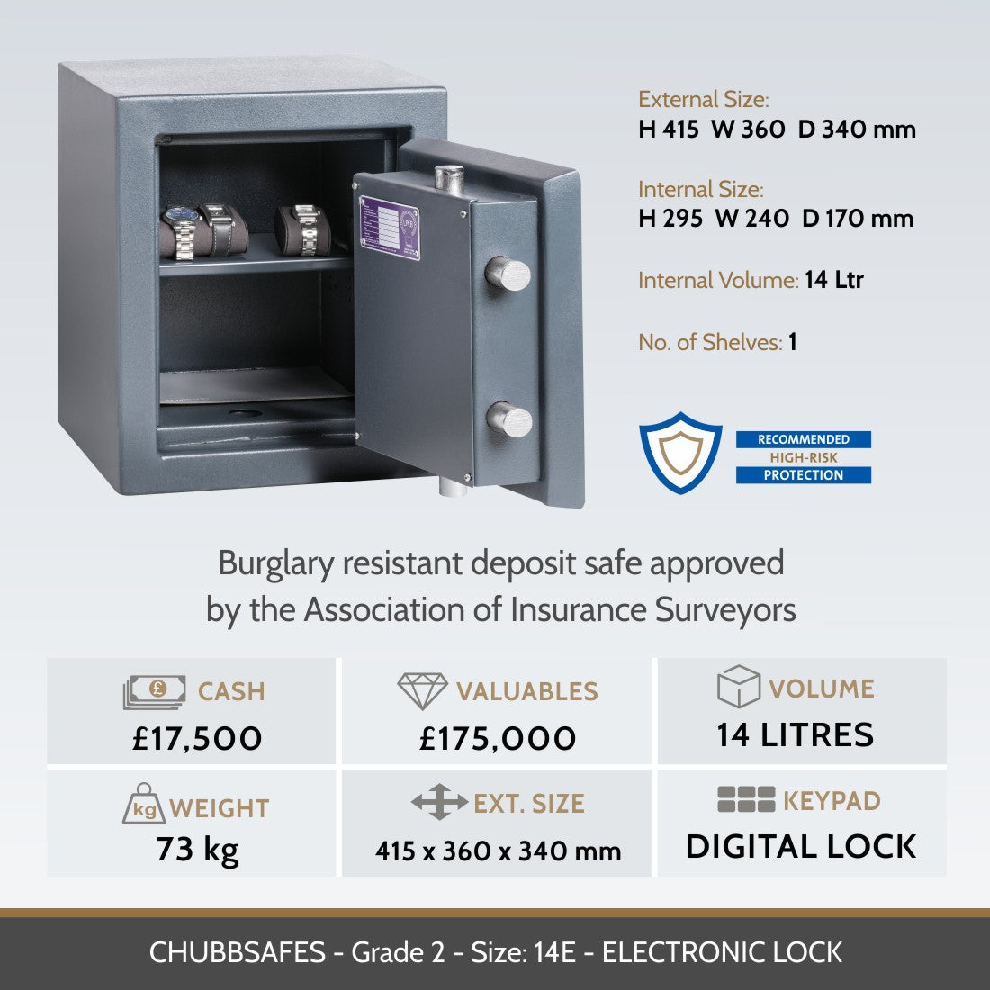 Chubbsafes Grade 2 14E safe image and dimensions table