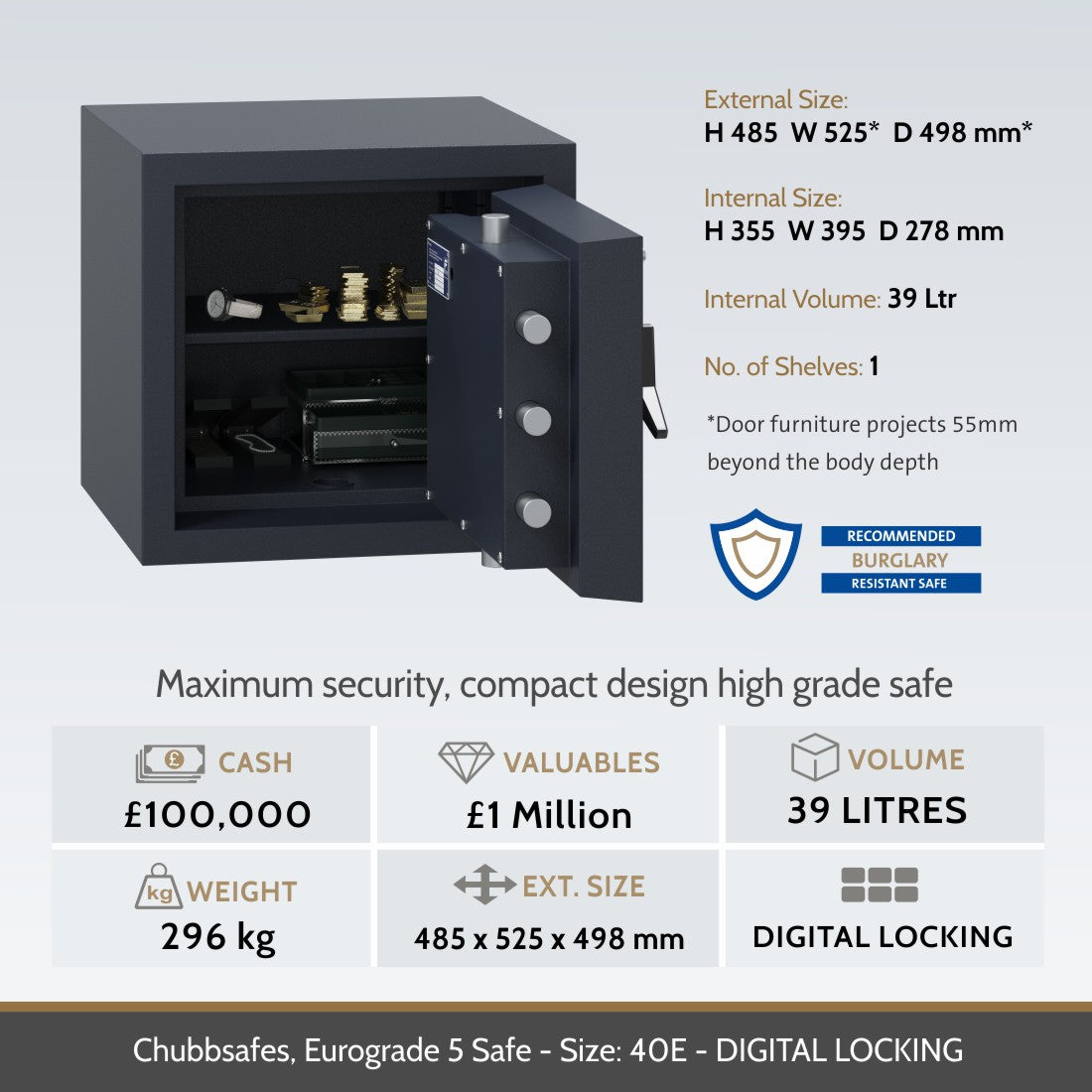 Chubbsafes Grade 5 40E. Image of open safe and dimensions info graph.