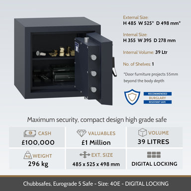 Chubbsafes Grade 5 40E. Image of open safe and dimensions info graph.