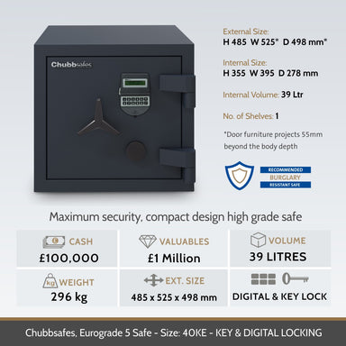Chubbsafes Eurograde 5 40KE safe with specifications table.