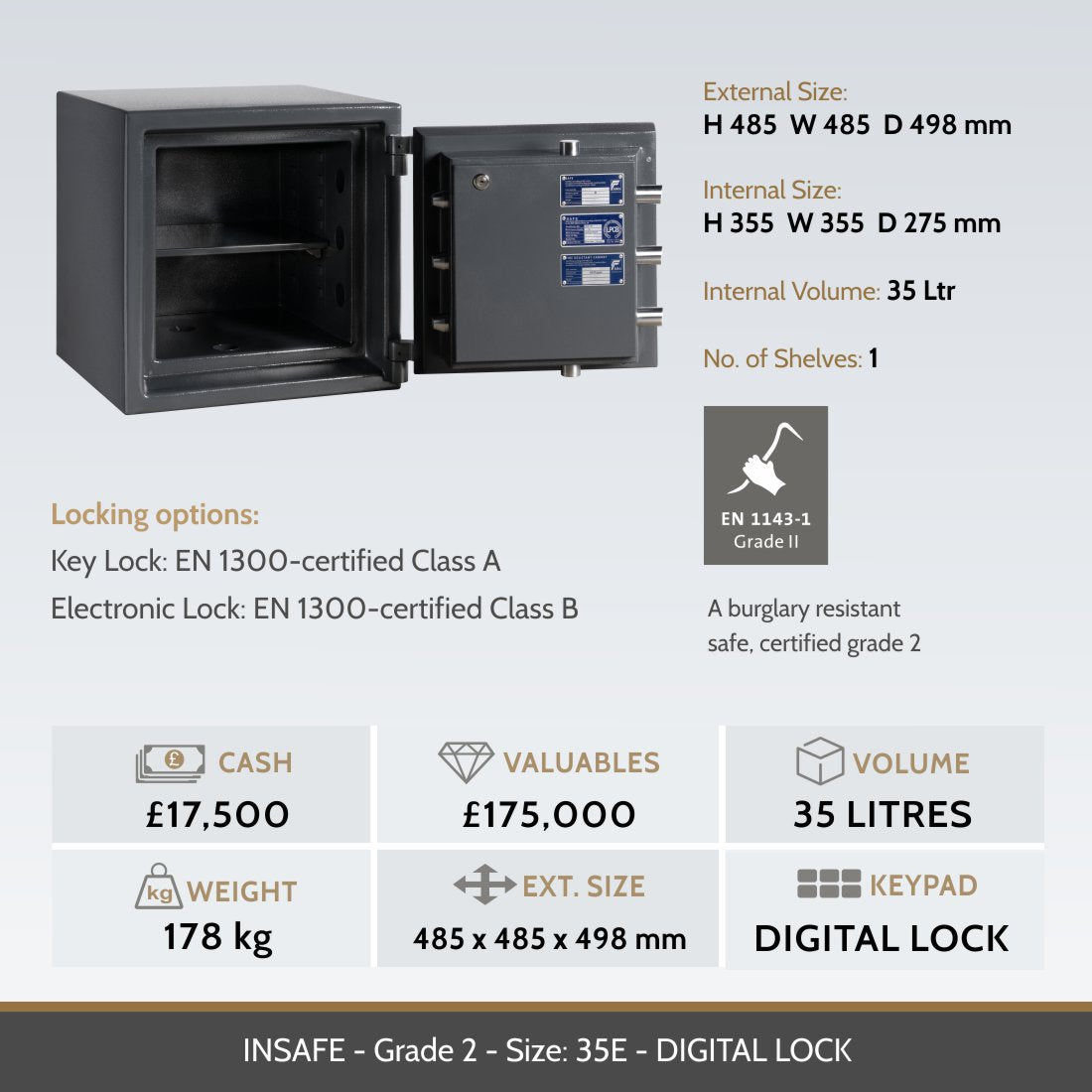 Insafe Grade 2 35E safe image and specifications table
