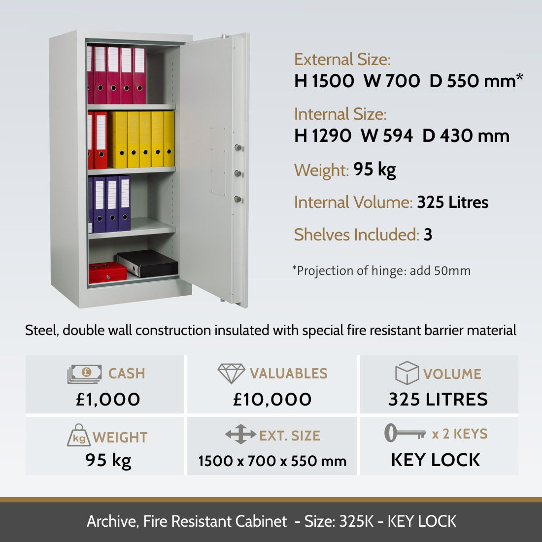key features for a Archive Fire Resistant Document Cabinet Size 325K