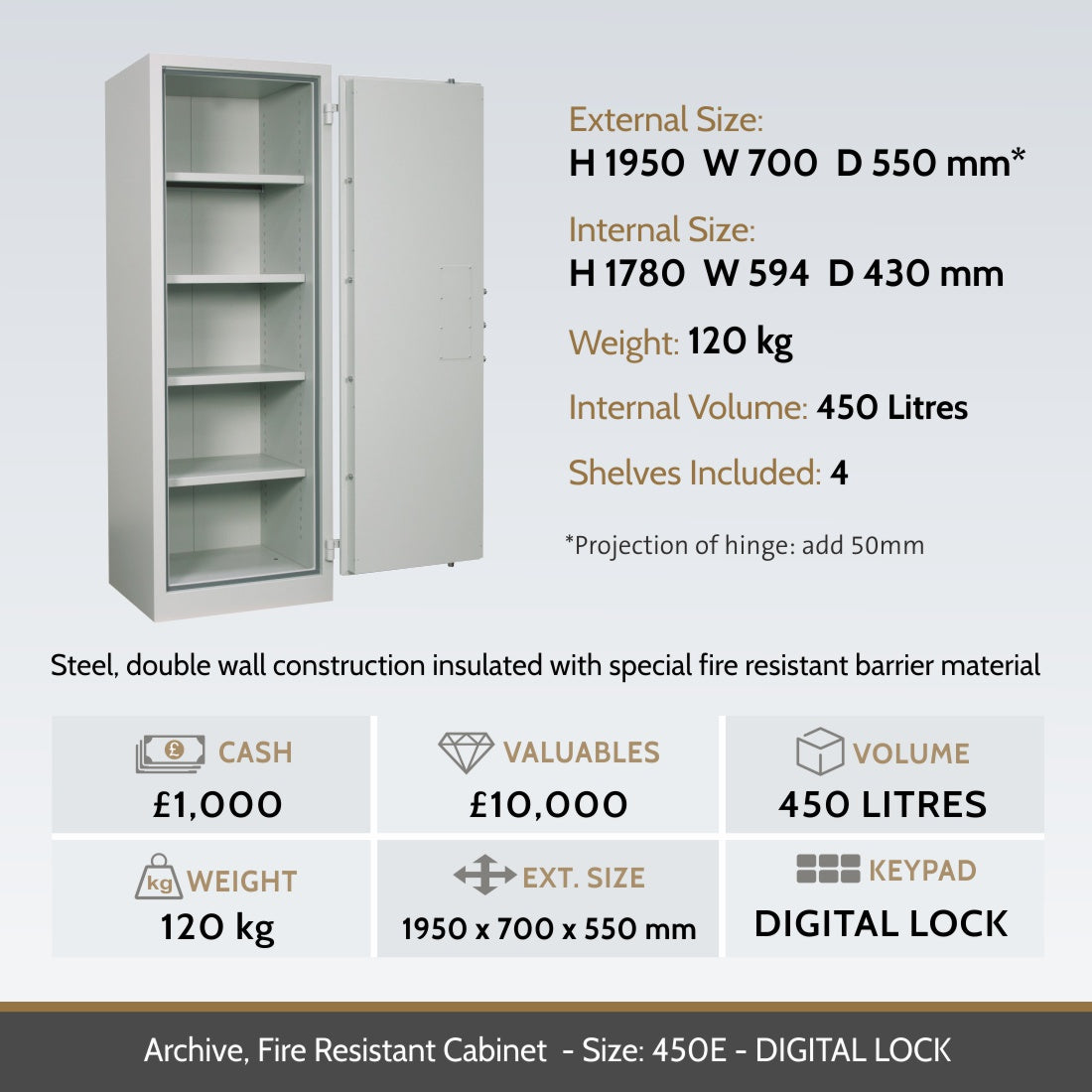 key features for a Archive Fire Resistant Document Cabinet Size 450E 