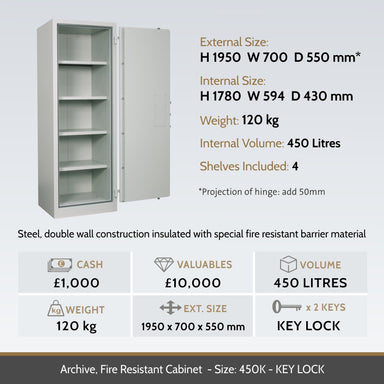 key features for a Archive Fire Resistant Document Cabinet Size 450K