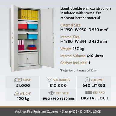 key features for a Archive Fire Resistant Document Cabinet Size 640E 