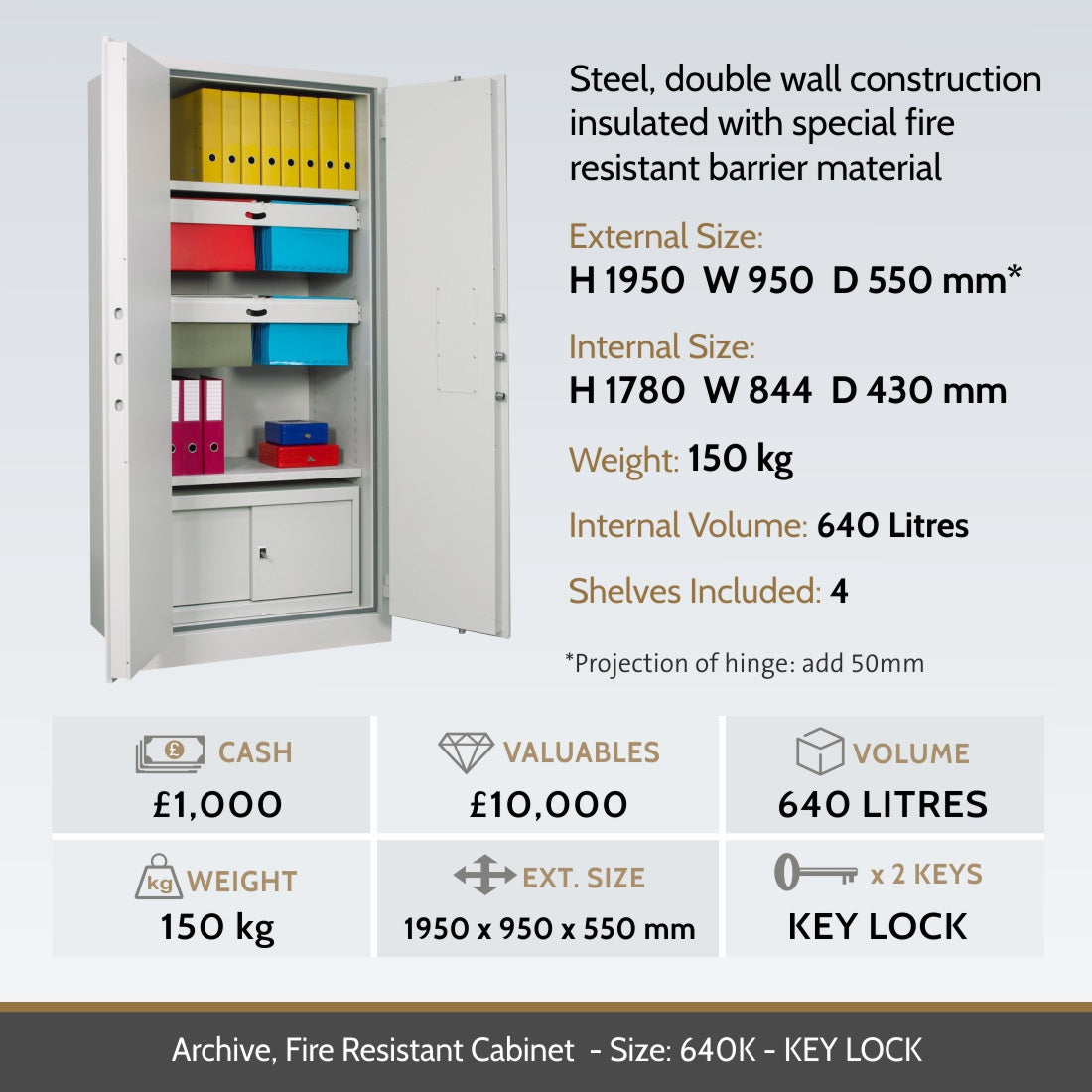 key features for a Archive Fire Resistant Document Cabinet Size 640K