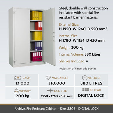 key features for a Archive Fire Resistant Document Cabinet Size 880E 