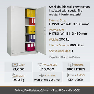 key features for a Archive Fire Resistant Document Cabinet Size 880K
