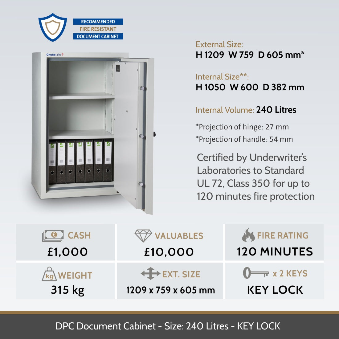 Chubbsafes DPC Fire Resistant Cabinet Size 240 key lock