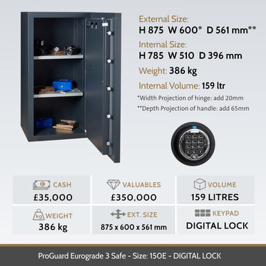 key features of a Chubbsafes ProGuard Eurograde 3 Size 150E digital locking safe